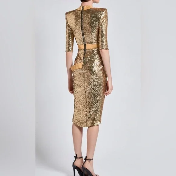 Zhivago Eye of Horus Gold Sequin Should Pads Dress Size 4 - Picture 11 of 11